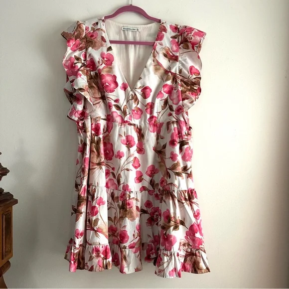 A&F • Flutter Sleeve Tiered Lined Mini Dress Pink Floral - Picture 1 of 9